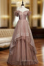 Bean Paste Color Tulle Off the Shoulder Beading Evening Prom Dress