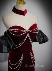 Beauiful Wine Red Off Shoulder Mermaid Long Evening Prom Dress, Wine Red Party Dress