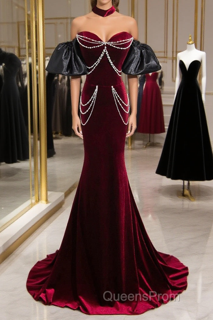 Beauiful Wine Red Off Shoulder Mermaid Long Evening Prom Dress, Wine Red Party Dress