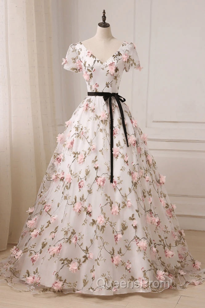 Beauitufl Floral V-Neck Lace Short Sleeve Flowers Long Evening Prom Dress Floral Party Dress Evening Prom Dress shops Secondary image