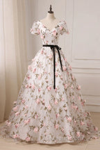 Beauitufl Floral V-Neck Lace Short Sleeve Flowers Long Evening Prom Dress Floral Party Dress Evening Prom Dress shops