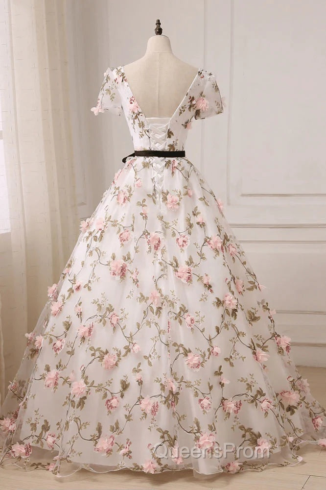 Beauitufl Floral V-Neck Lace Short Sleeve Flowers Long Evening Prom Dress Floral Party Dress Evening Prom Dress shops