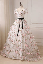 Beauitufl Floral V-Neck Lace Short Sleeve Flowers Long Evening Prom Dress Floral Party Dress Evening Prom Dress shops