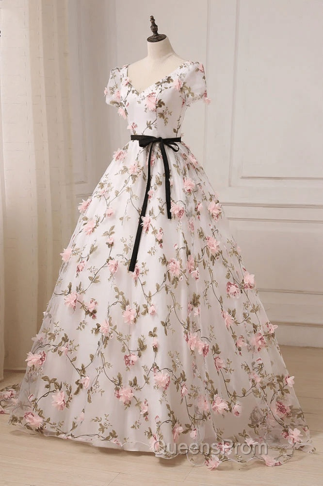 Beauitufl Floral V-Neck Lace Short Sleeve Flowers Long Evening Prom Dress Floral Party Dress Evening Prom Dress shops