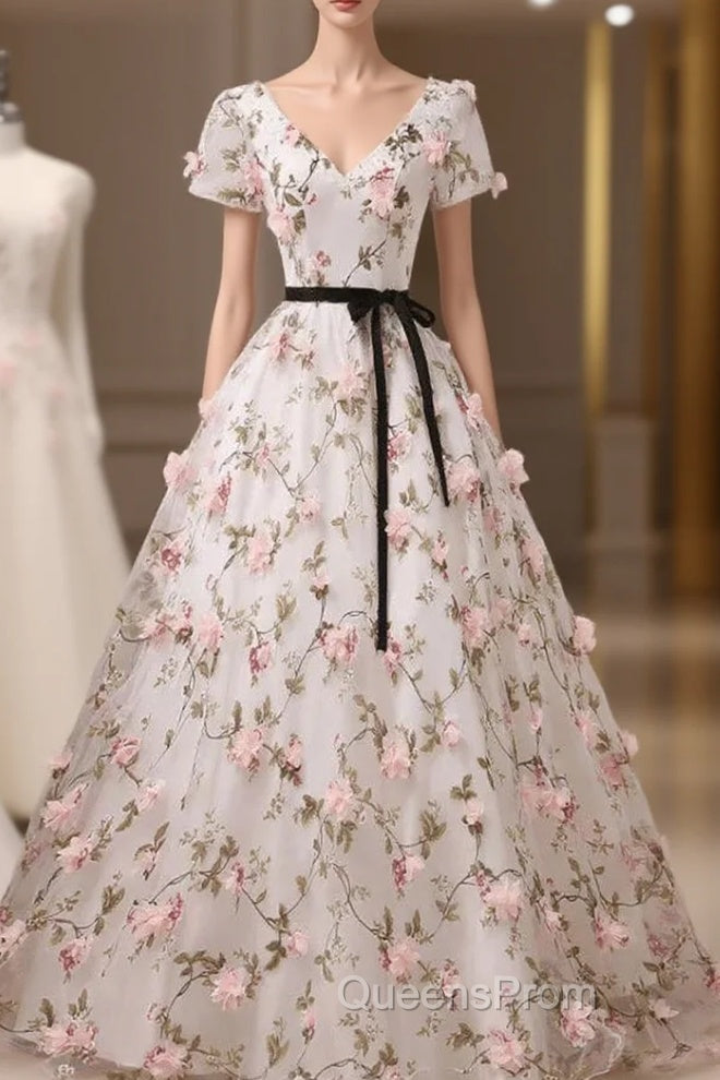 Beauitufl Floral V-Neck Lace Short Sleeve Flowers Long Evening Prom Dress Floral Party Dress Evening Prom Dress shops Main image