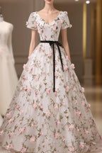 Beauitufl Floral V-Neck Lace Short Sleeve Flowers Long Evening Prom Dress Floral Party Dress Evening Prom Dress shops