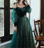 Beautful Dark Green Tulle Stunning Sequin Bridal Dress, Spaghetti Strap Classy Prom Dress Wedding Party Dress