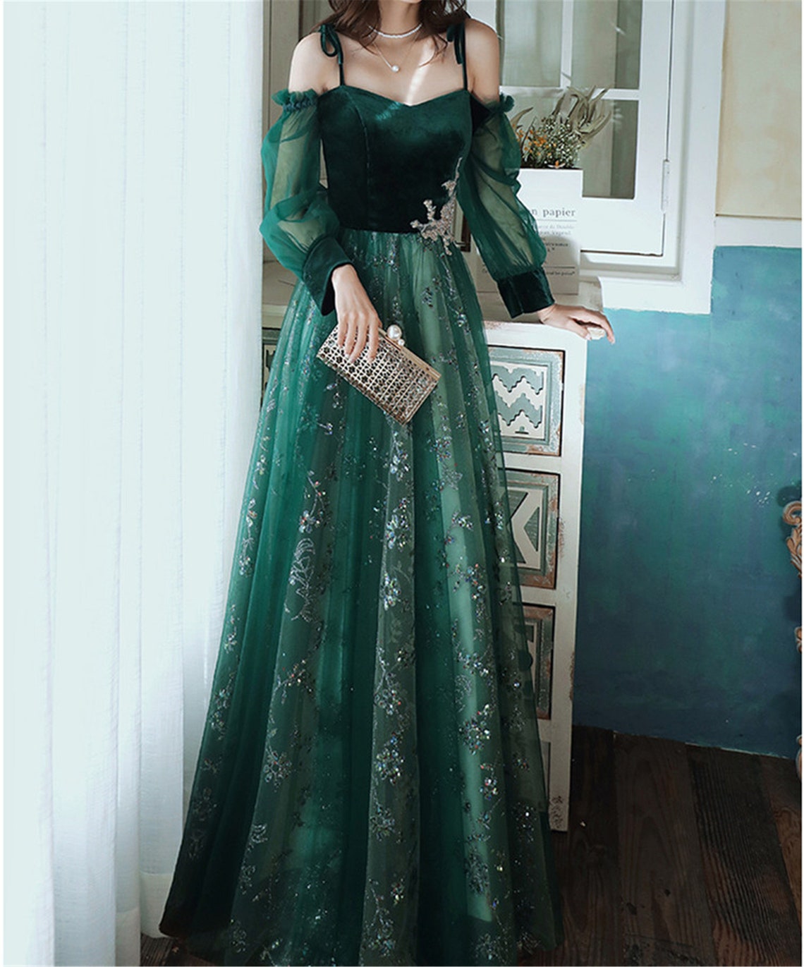 Beautful Dark Green Tulle Stunning Sequin Bridal Dress, Spaghetti Strap Classy Prom Dress Wedding Party Dress