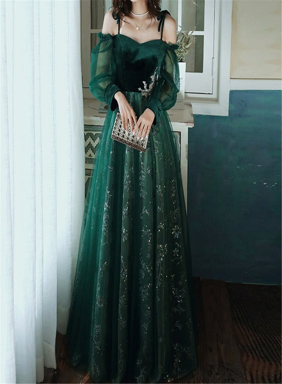 Beautful Dark Green Tulle Stunning Sequin Bridal Dress, Spaghetti Strap Classy Prom Dress Wedding Party Dress Main image