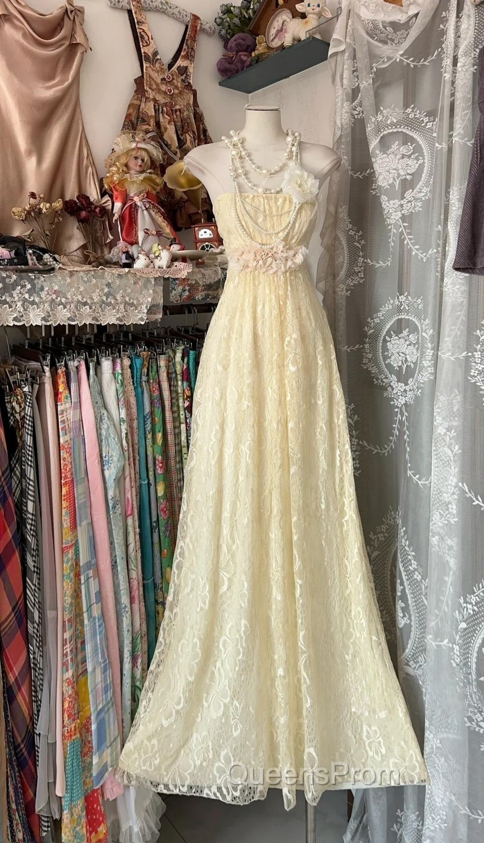 Beautiful A-Line Light Yellow Lace Strapless Evening Prom Dress Cute Birthday Party Dress