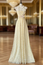 Beautiful A-Line Light Yellow Lace Strapless Evening Prom Dress Cute Birthday Party Dress