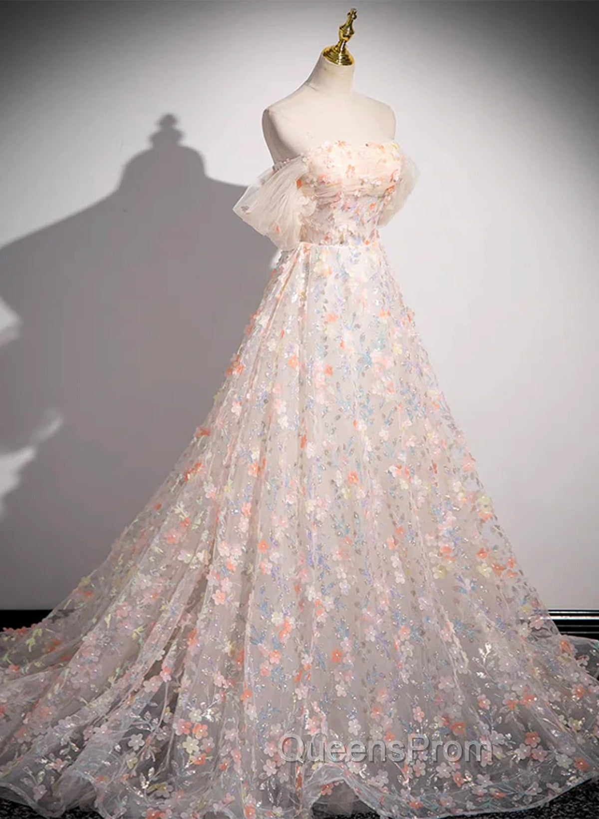 Beautiful A-Line Off Shoulder Flowers Lace Evening Dress, Long Evening Prom Dress