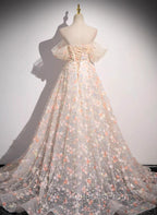 Beautiful A-Line Off Shoulder Flowers Lace Evening Dress, Long Evening Prom Dress
