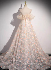Beautiful A-Line Off Shoulder Flowers Lace Evening Dress, Long Evening Prom Dress