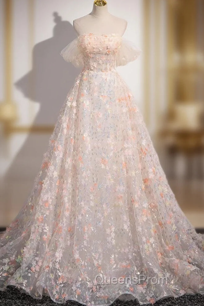 Beautiful A-Line Off Shoulder Flowers Lace Evening Dress, Long Evening Prom Dress Main image