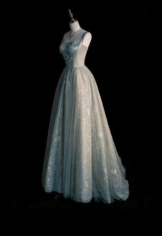 Beautiful A Line Sage Green Long Tulle Classy Prom Dress