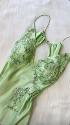 Beautiful A Line Spaghetti Straps Green Long Classy Prom Dress Backless Satin Classy Evening Gowns