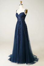 Beautiful A line Spaghetti Straps Navy Blue Lace Prom Dresses Formal Dress
