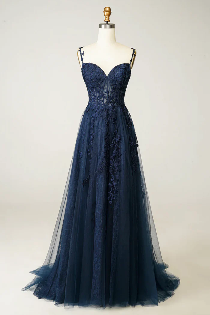 Beautiful A line Spaghetti Straps Navy Blue Lace Prom Dresses Formal Dress