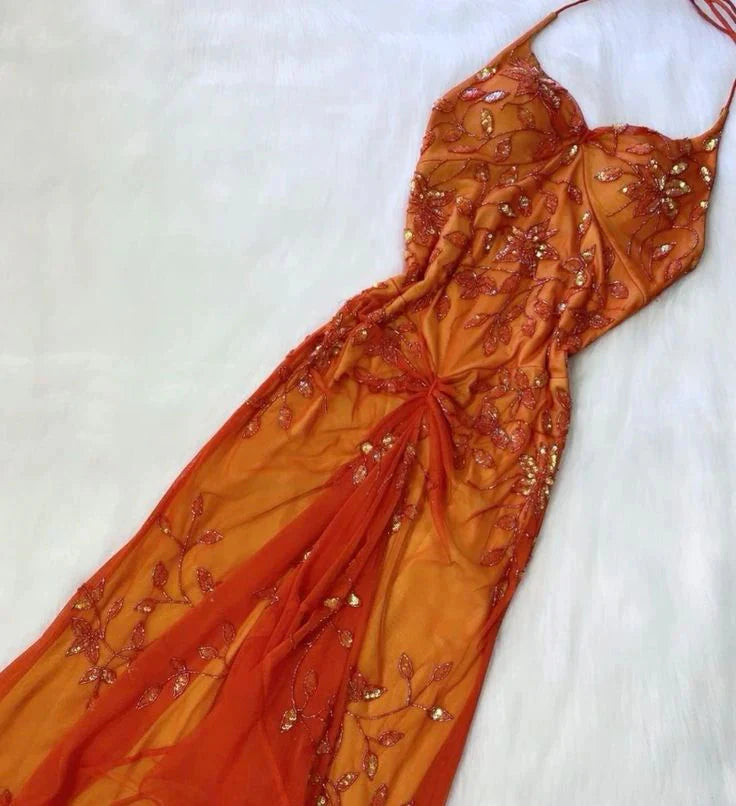 Beautiful A Line Spaghetti Straps Orange Chiffon Classy Prom Dress With Beads Secondary image