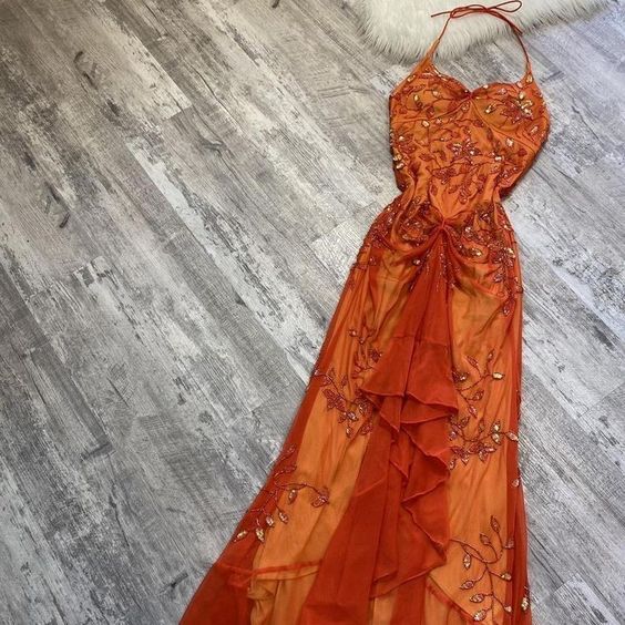 Beautiful A Line Spaghetti Straps Orange Chiffon Classy Prom Dress With Beads