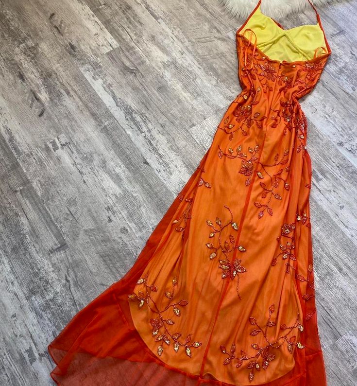 Beautiful A Line Spaghetti Straps Orange Chiffon Classy Prom Dress With Beads