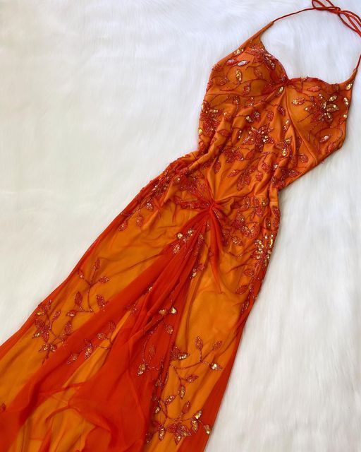 Beautiful A Line Spaghetti Straps Orange Chiffon Classy Prom Dress With Beads