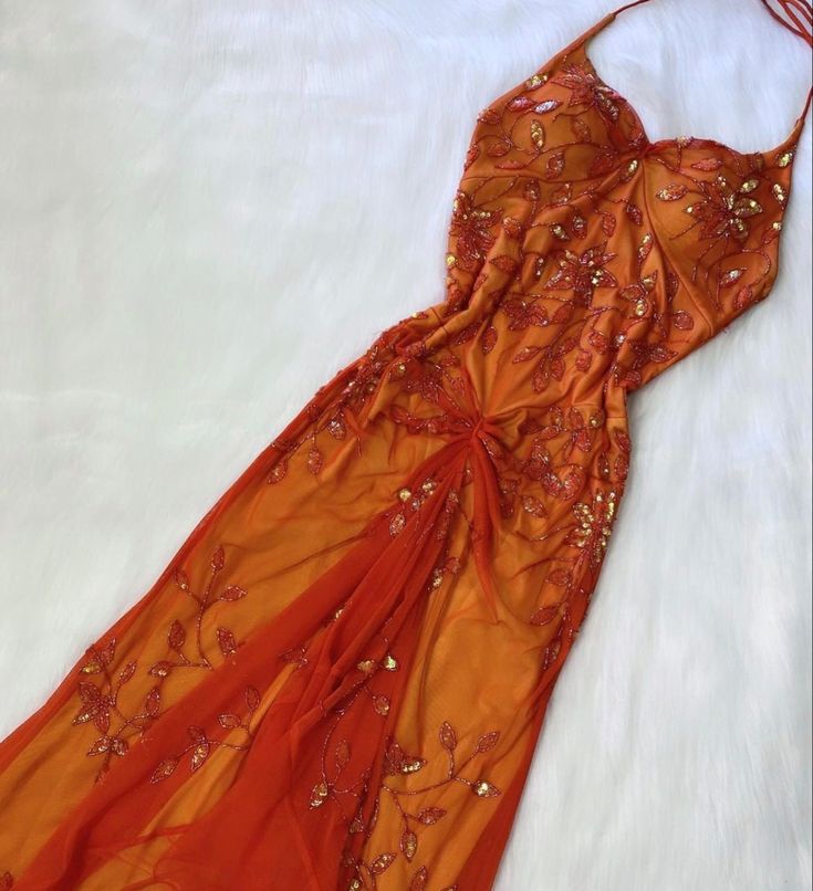 Beautiful A Line Spaghetti Straps Orange Chiffon Classy Prom Dress With Beads Main image