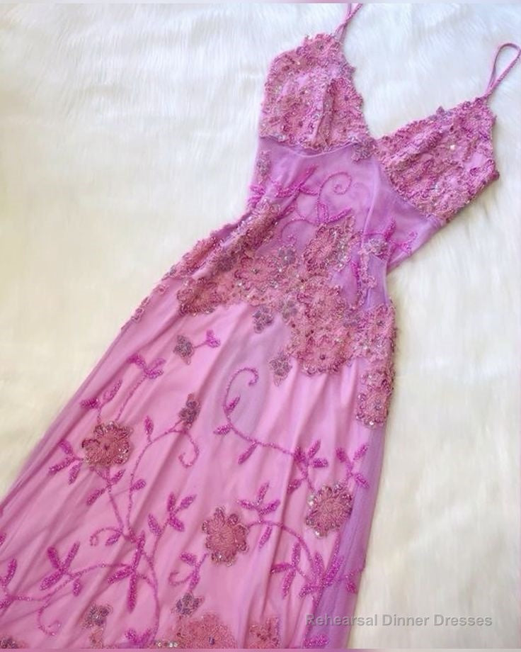 Beautiful A Line Spaghetti Straps Pink Long Prom Dresses Backless Tulle Evening Gowns Main image