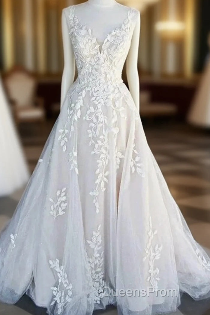 Beautiful A-Line V-Neck Floor Sweeping Skirt With Lace Wedding Dress Main image