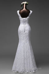 Beautiful Appliques Court Train Lace up Pure White Mermaid Wedding Dress
