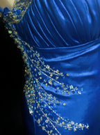 Beautiful Backless Beaded Satin Sheath Royal Blue Long Evening Prom Dress Formal Evening Gown
