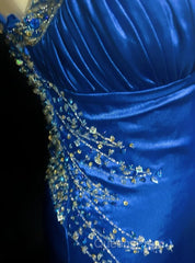 Beautiful Backless Beaded Satin Sheath Royal Blue Long Evening Prom Dress Formal Evening Gown