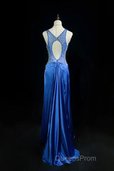 Beautiful Backless Beaded Satin Sheath Royal Blue Long Evening Prom Dress Formal Evening Gown