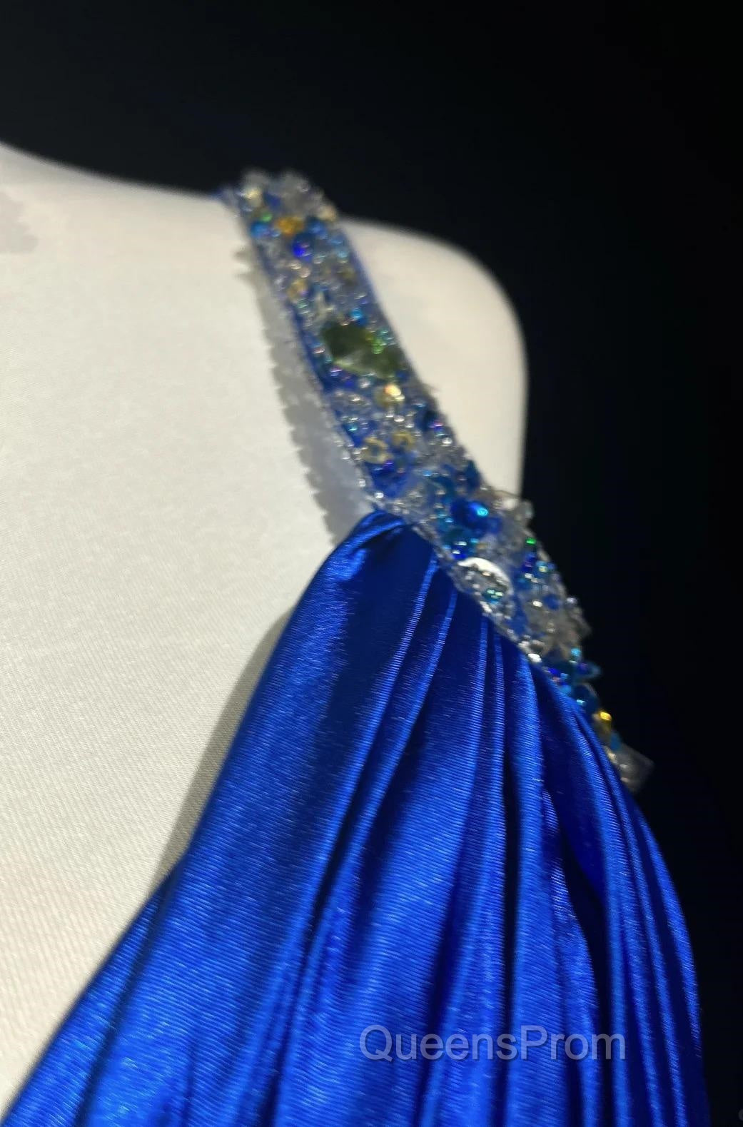 Beautiful Backless Beaded Satin Sheath Royal Blue Long Evening Prom Dress Formal Evening Gown