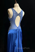 Beautiful Backless Beaded Satin Sheath Royal Blue Long Evening Prom Dress Formal Evening Gown