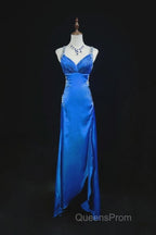 Beautiful Backless Beaded Satin Sheath Royal Blue Long Evening Prom Dress Formal Evening Gown