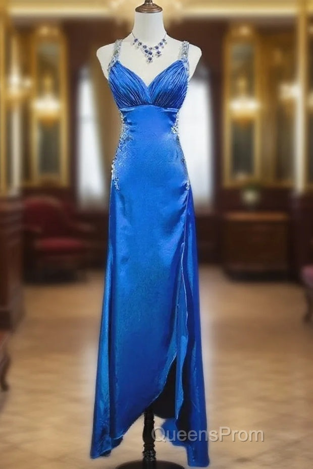 Beautiful Backless Beaded Satin Sheath Royal Blue Long Evening Prom Dress Formal Evening Gown Main image