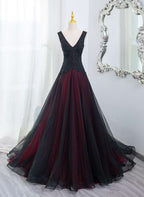 Beautiful Black And Red V-Neckline Tulle Beaded Classy Dress, A-Line Classy Prom Dress