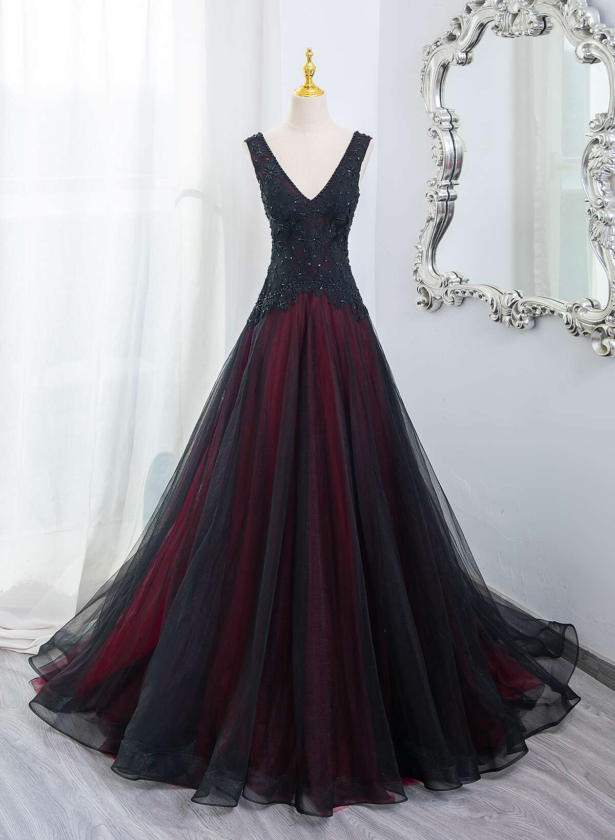 Beautiful Black And Red V-Neckline Tulle Beaded Classy Dress, A-Line Classy Prom Dress