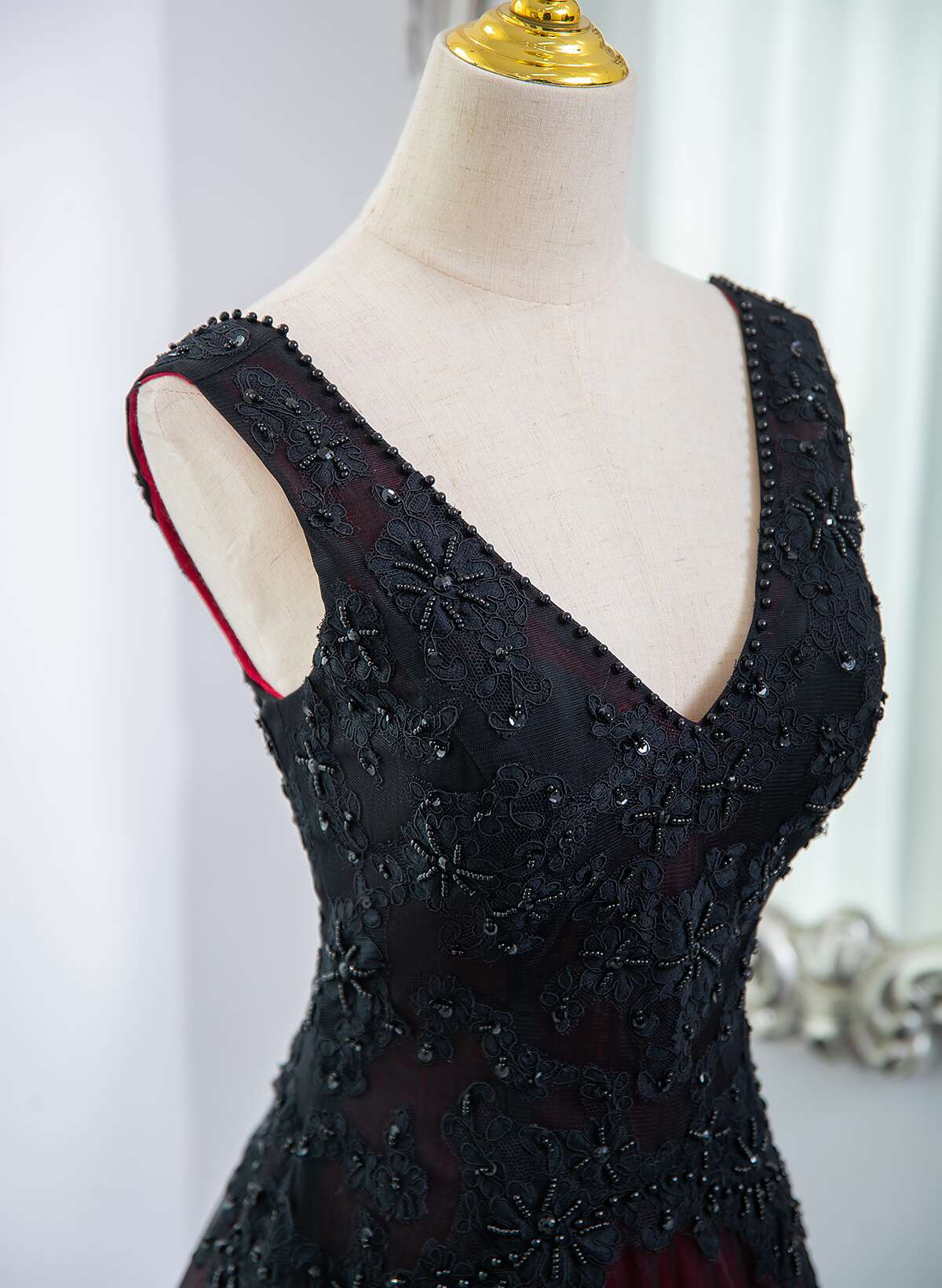 Beautiful Black And Red V-Neckline Tulle Beaded Classy Dress, A-Line Classy Prom Dress