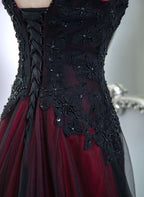 Beautiful Black And Red V-Neckline Tulle Beaded Classy Dress, A-Line Classy Prom Dress