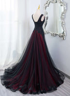 Beautiful Black And Red V-Neckline Tulle Beaded Classy Dress, A-Line Classy Prom Dress