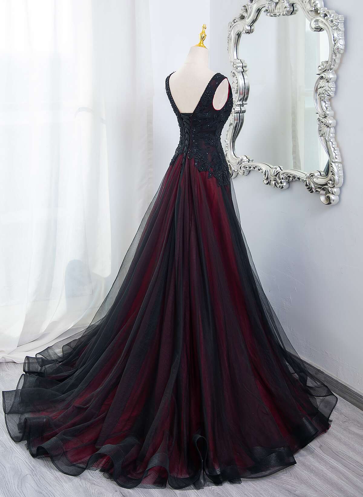 Beautiful Black And Red V-Neckline Tulle Beaded Classy Dress, A-Line Classy Prom Dress