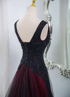 Beautiful Black And Red V-Neckline Tulle Beaded Classy Dress, A-Line Classy Prom Dress