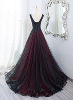 Beautiful Black And Red V-Neckline Tulle Beaded Classy Dress, A-Line Classy Prom Dress