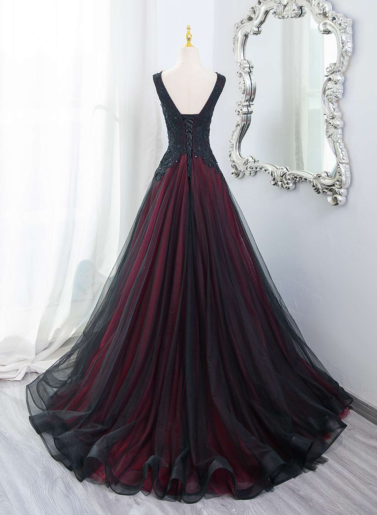 Beautiful Black And Red V-Neckline Tulle Beaded Classy Dress, A-Line Classy Prom Dress