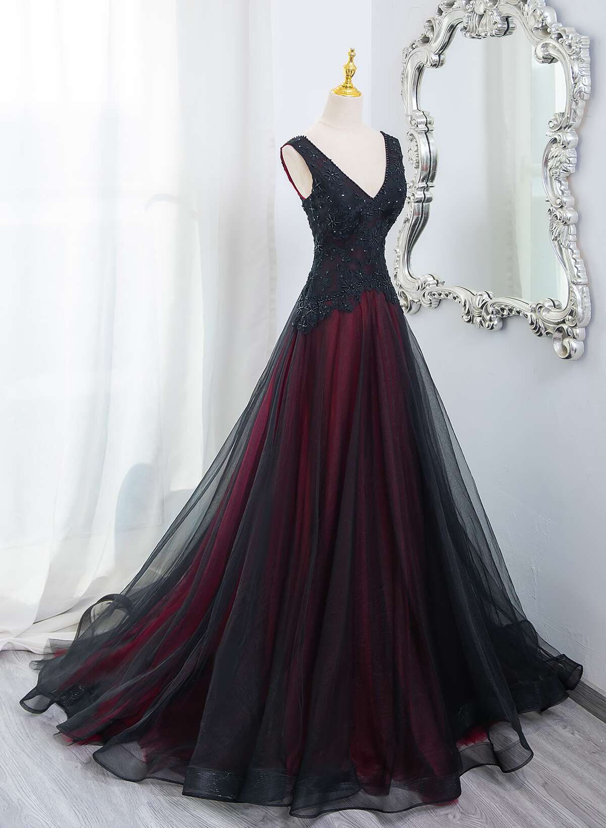 Beautiful Black And Red V-Neckline Tulle Beaded Classy Dress, A-Line Classy Prom Dress