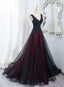 Beautiful Black And Red V-Neckline Tulle Beaded Classy Dress, A-Line Classy Prom Dress