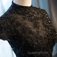 Beautiful Black Cap Sleeves Long Tulle Party Dress, Black Evening Prom Dress